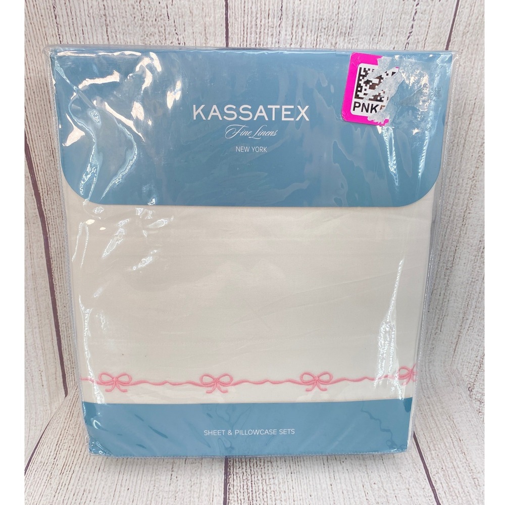 Kassatex Sheet Set Queen White Pink Embroidered Bow Percale Cotton Cottage